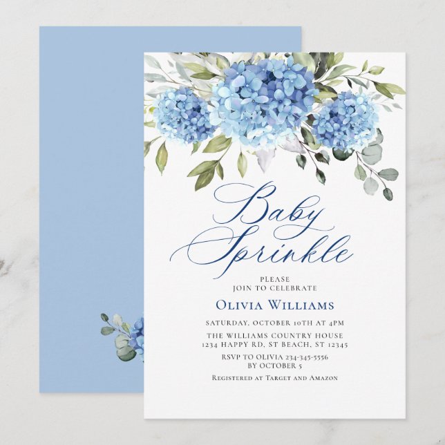 Elegante Watercolor Blue Hydrangea Baby Sprinkle Einladung (Vorne/Hinten)