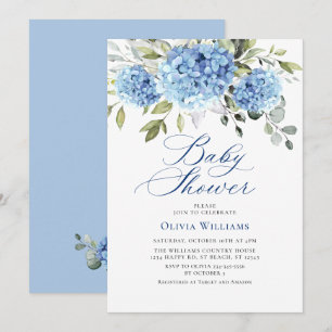 Elegante Watercolor Blue Hydrangea Babydusche Einladung