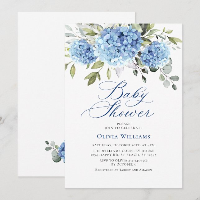 Elegante Watercolor Blue Hydrangea Babydusche Einladung (Vorne/Hinten)