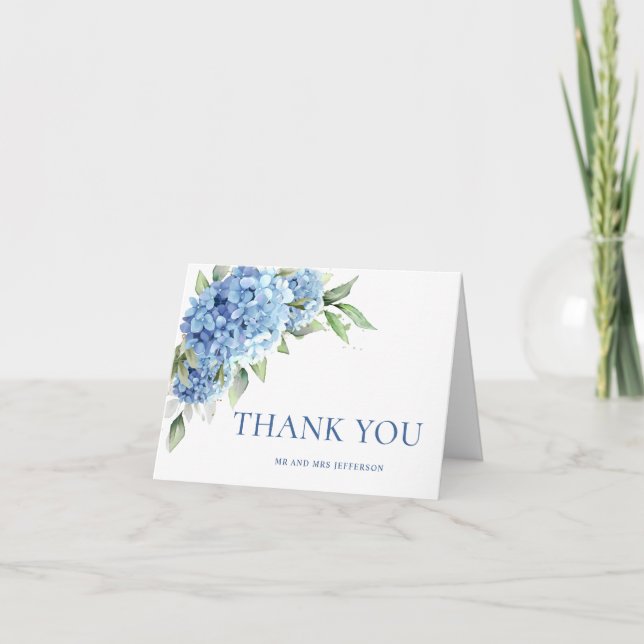 Elegante Watercolor Blue Hydrangea Blume Einfach Dankeskarte (Vorderseite)
