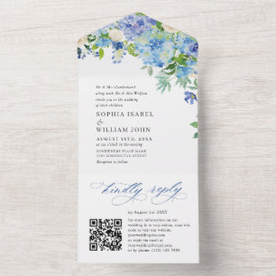 Elegante Watercolor Blue Hydrangea Blumenhochzeit All In One Einladung