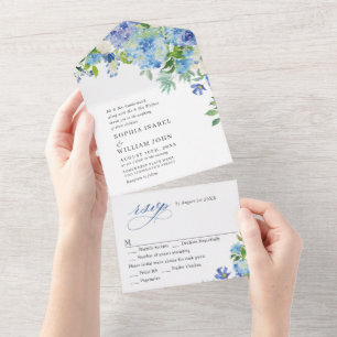 Elegante Watercolor Blue Hydrangea Blumenhochzeit All In One Einladung
