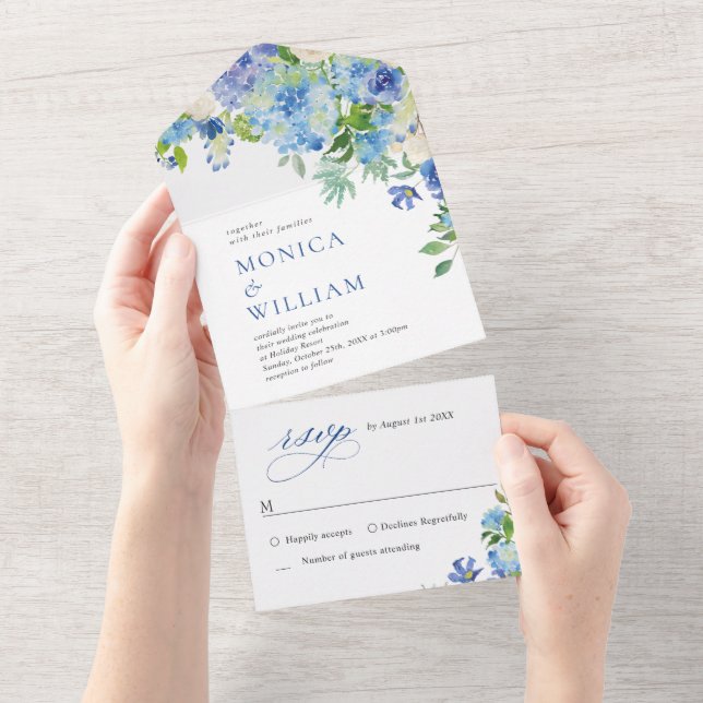 Elegante Watercolor Blue Hydrangea Blumenhochzeit All In One Einladung (Abreißen)