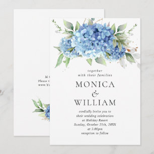 Elegante Watercolor Blue Hydrangea Blumenhochzeit Einladung