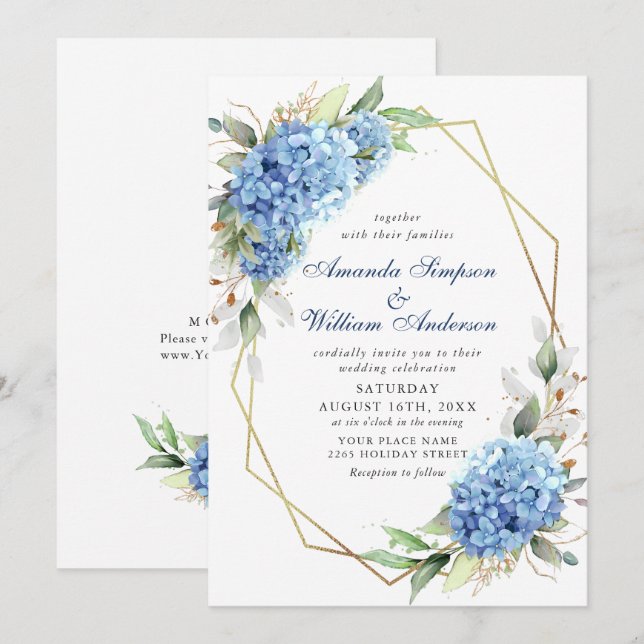 Elegante Watercolor Blue Hydrangea Blumenhochzeit Einladung (Vorne/Hinten)