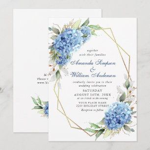 Elegante Watercolor Blue Hydrangea Blumenhochzeit Einladung