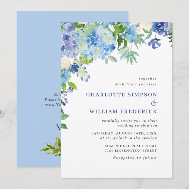Elegante Watercolor Blue Hydrangea Blumenhochzeit Einladung (Vorne/Hinten)