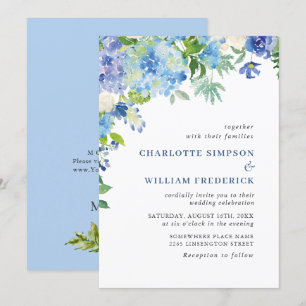 Elegante Watercolor Blue Hydrangea Blumenhochzeit Einladung