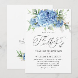 Elegante Watercolor Blue Hydrangea Blumenhochzeit Einladung