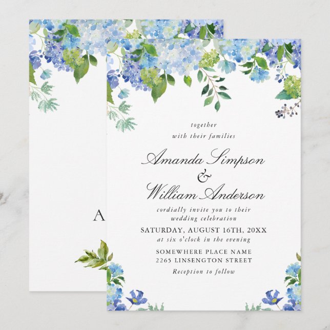 Elegante Watercolor Blue Hydrangea Blumenhochzeit Einladung (Vorne/Hinten)