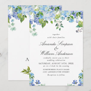 Elegante Watercolor Blue Hydrangea Blumenhochzeit Einladung