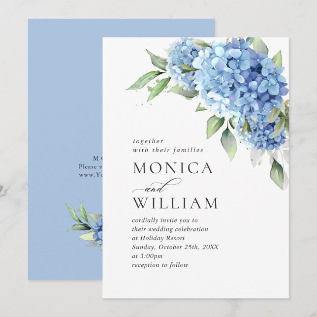 Elegante Watercolor Blue Hydrangea Blumenhochzeit Einladung (Vorne/Hinten)