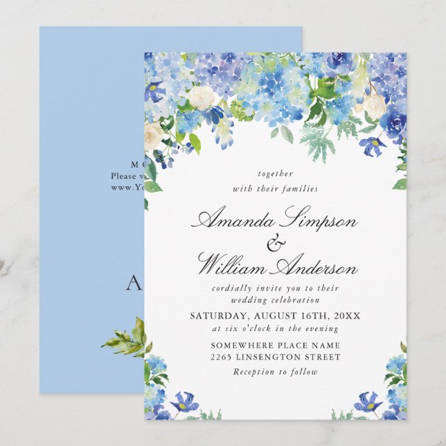 Elegante Watercolor Blue Hydrangea Blumenhochzeit Einladung (Vorne/Hinten)