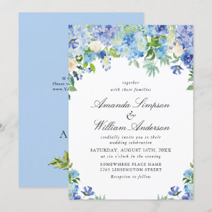 Elegante Watercolor Blue Hydrangea Blumenhochzeit Einladung