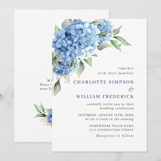 Elegante Watercolor Blue Hydrangea Blumenhochzeit Einladung (Vorne/Hinten)