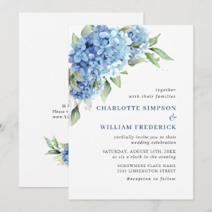 Elegante Watercolor Blue Hydrangea Blumenhochzeit Einladung