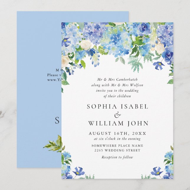 Elegante Watercolor Blue Hydrangea Blumenhochzeit Einladung (Vorne/Hinten)