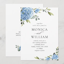 Elegante Watercolor Blue Hydrangea Blumenhochzeit Einladung