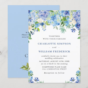Elegante Watercolor Blue Hydrangea Blumenhochzeit Einladung