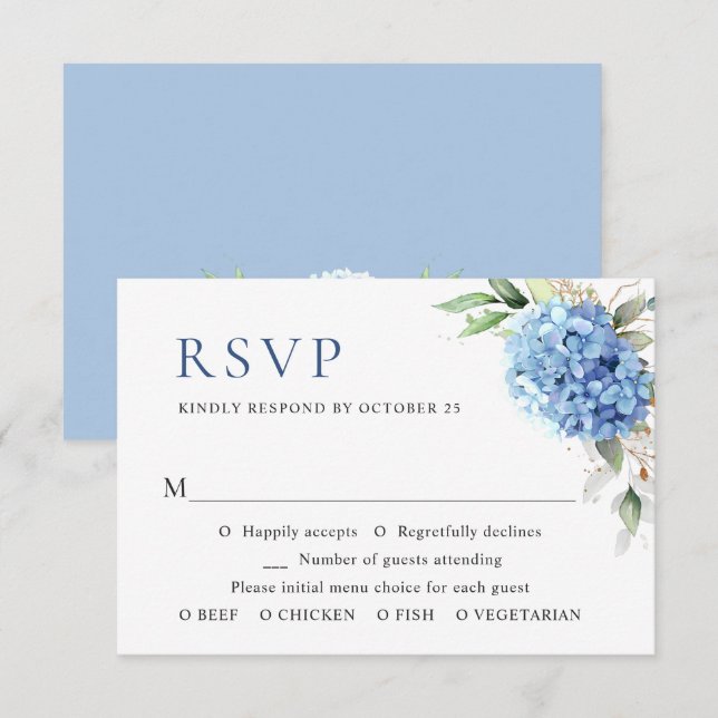 Elegante Watercolor Blue Hydrangea Blumenhochzeit RSVP Karte (Vorne/Hinten)