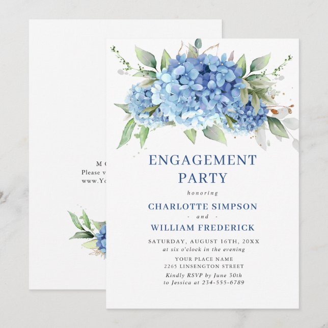 Elegante Watercolor Blue Hydrangea ENGAGEMENT PART Einladung (Vorne/Hinten)