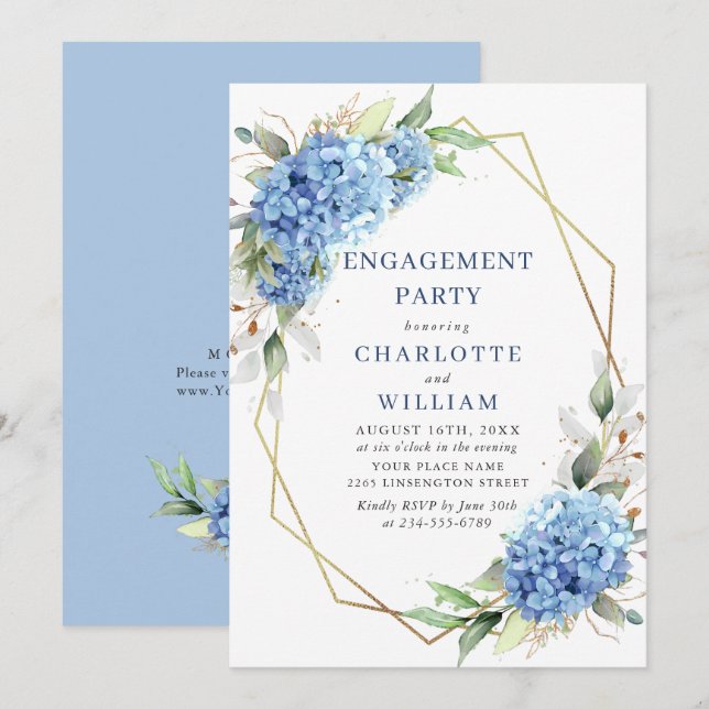 Elegante Watercolor Blue Hydrangea ENGAGEMENT PART Einladung (Vorne/Hinten)