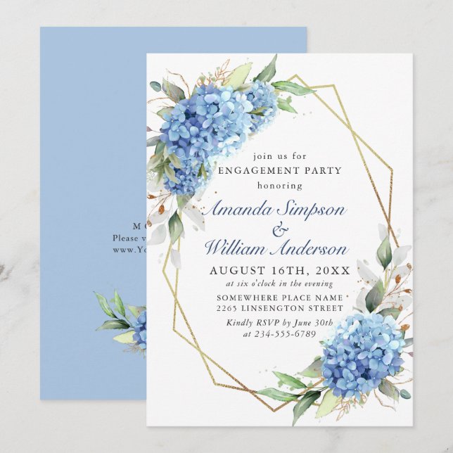 Elegante Watercolor Blue Hydrangea ENGAGEMENT PART Einladung (Vorne/Hinten)