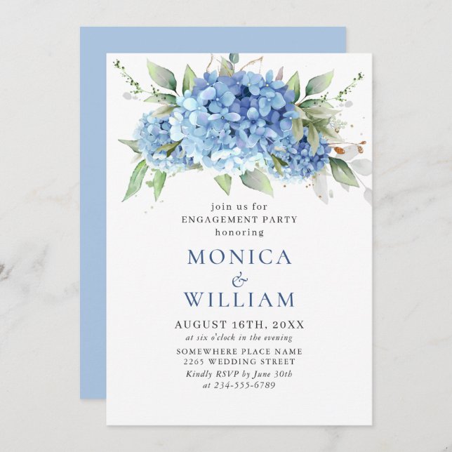 Elegante Watercolor Blue Hydrangea ENGAGEMENT PART Einladung (Vorne/Hinten)