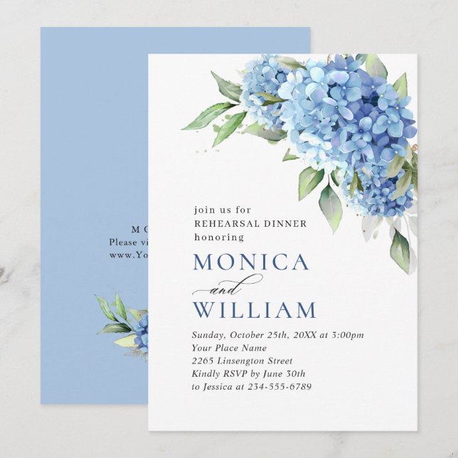 Elegante Watercolor Blue Hydrangea PROBE DINNER Einladung (Vorne/Hinten)