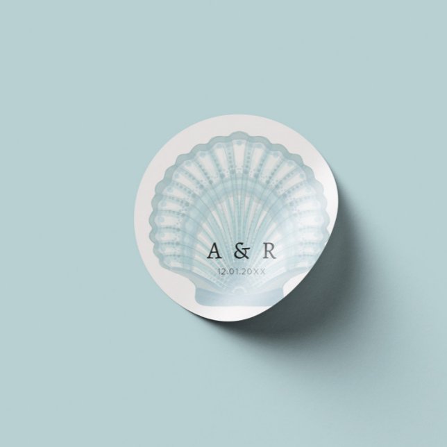 Elegante Watercolor Blue Muschel Wedding Runder Aufkleber (Von Creator hochgeladen)
