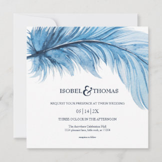 Elegante Watercolor Blue Navy Feather Wedding Einladung