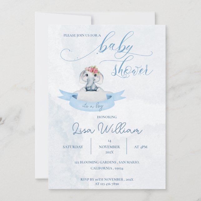 Elegante Watercolor Blue Niedlich Elephant Baby Sh Einladung (Vorderseite)