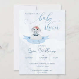 Elegante Watercolor Blue Niedlich Elephant Baby Sh Einladung