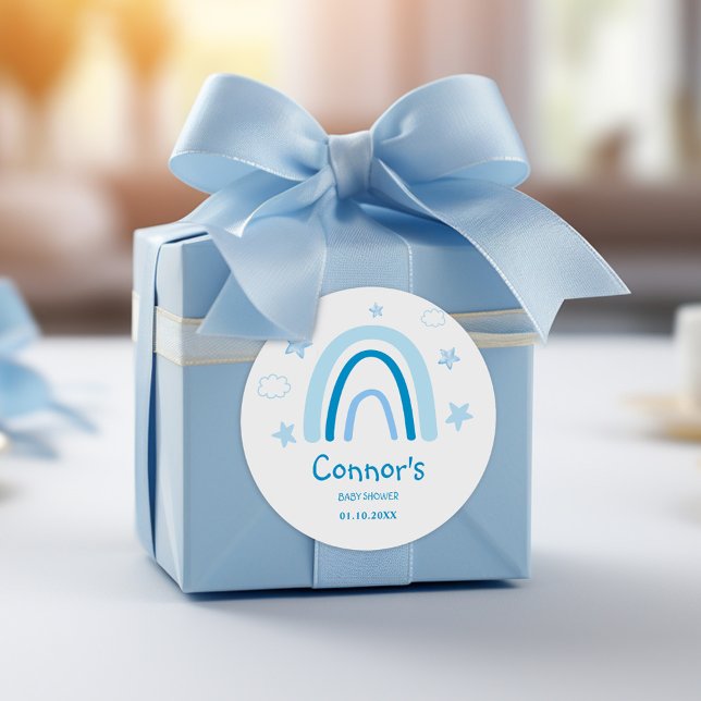 Elegante Watercolor Blue Rainbow Baby Shower Runder Aufkleber (Elegant Watercolor Blue Rainbow Baby Shower Classic Round Sticker)