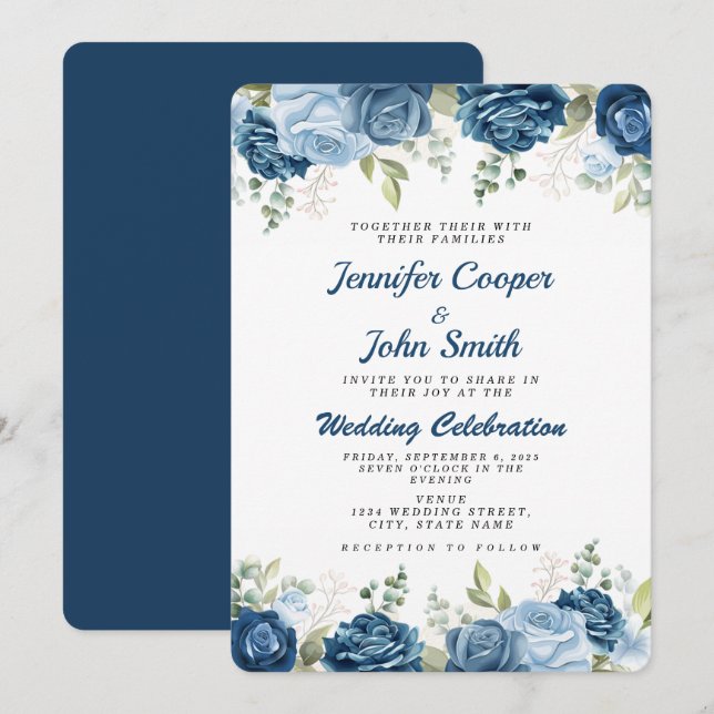 Elegante Watercolor Blue Rose Blumenhochzeit Einladung (Vorne/Hinten)
