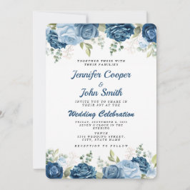 Elegante Watercolor Blue Rose Blumenhochzeit Einladung