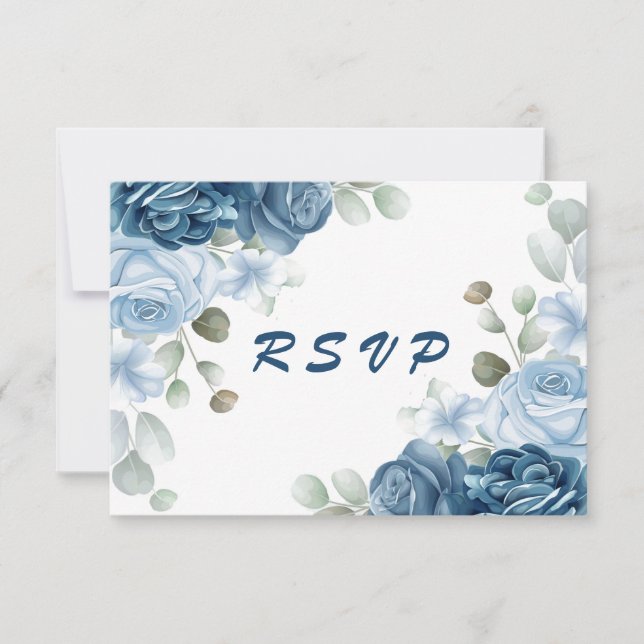 Elegante Watercolor Blue Rose Blumenhochzeit RSVP Karte (Vorderseite)