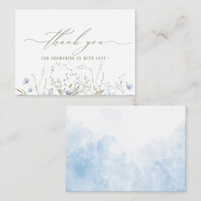Elegante Watercolor Blue Wildblumen Babydusche Mitteilungskarte (Vorne/Hinten)