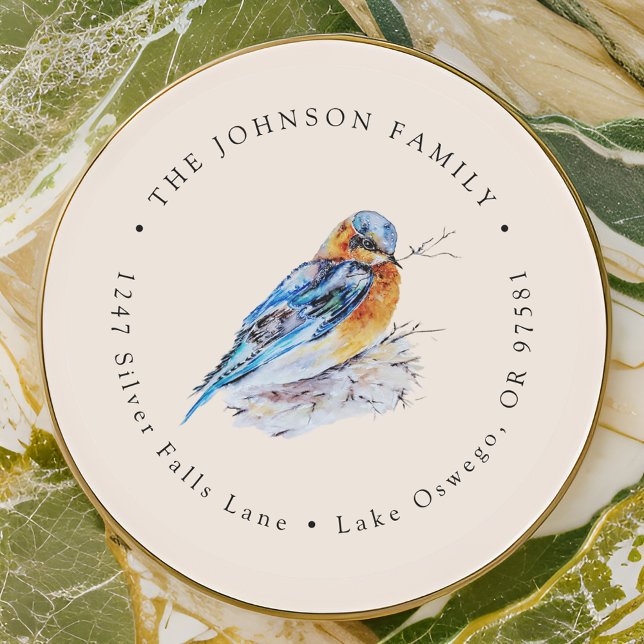 Elegante Watercolor Bluebird Rücksendeadresse Runder Aufkleber (Von Creator hochgeladen)
