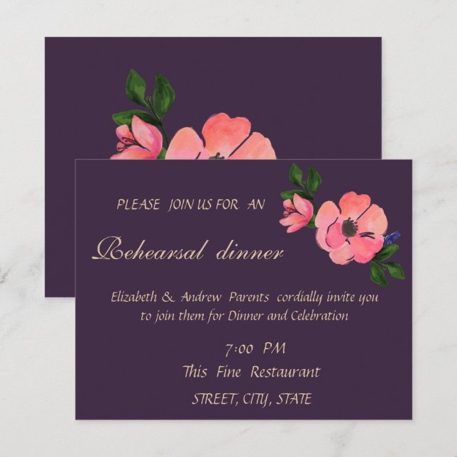 Elegante Watercolor Blume Hochzeit Probe Dinner Einladung (Vorne/Hinten)