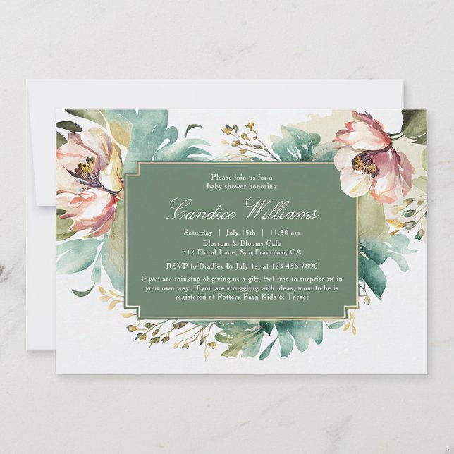 Elegante Watercolor Blumenpaare Babydusche Einladung (Vorderseite)