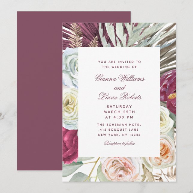 Elegante Watercolor Boho Floral Country Wedding Einladung (Vorne/Hinten)