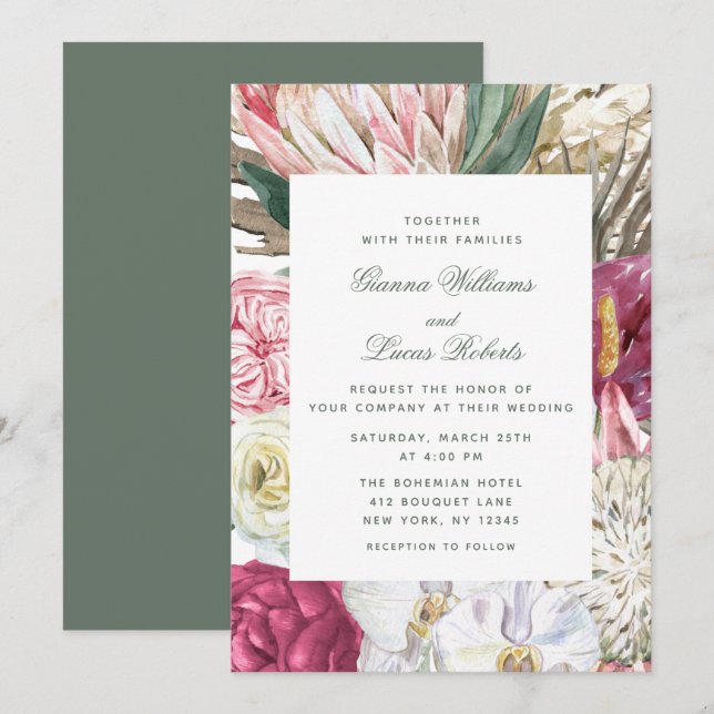 Elegante Watercolor Boho Floral Country Wedding Einladung (Vorne/Hinten)