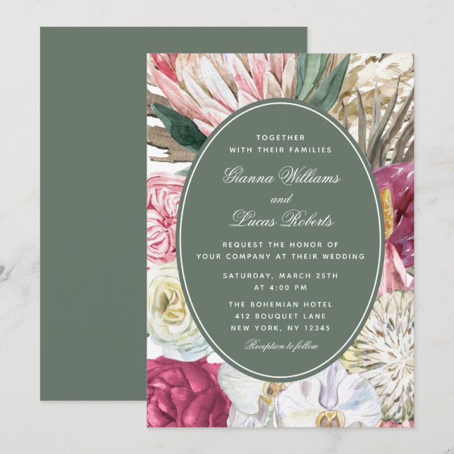 Elegante Watercolor Boho Floral Country Wedding Einladung (Vorne/Hinten)