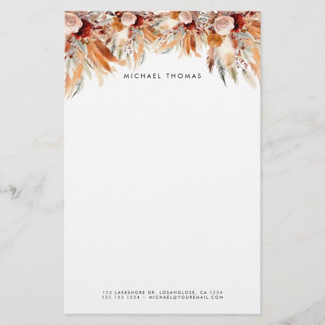 Elegante Watercolor Boho Floral Personalisiert Briefpapier (Vorderseite)