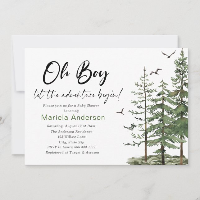 Elegante Watercolor Boy Adventure Begin Baby Show Einladung (Vorderseite)