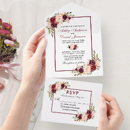 Elegante Watercolor Burgund Blumenhochzeit All In One Einladung