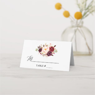 Elegante Watercolor Burgund Blumenhochzeit Platzkarte