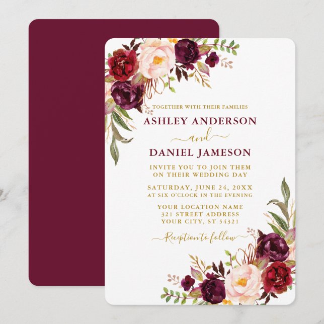 Elegante Watercolor Burgund Floral Gold Wedding Einladung (Vorne/Hinten)