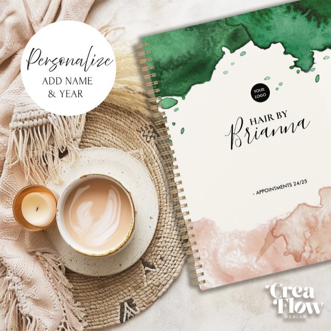Elegante Watercolor Business Termin Buchung Planer (Elegant Business appointment book with Green and Blush pink watercolor front and back cover)